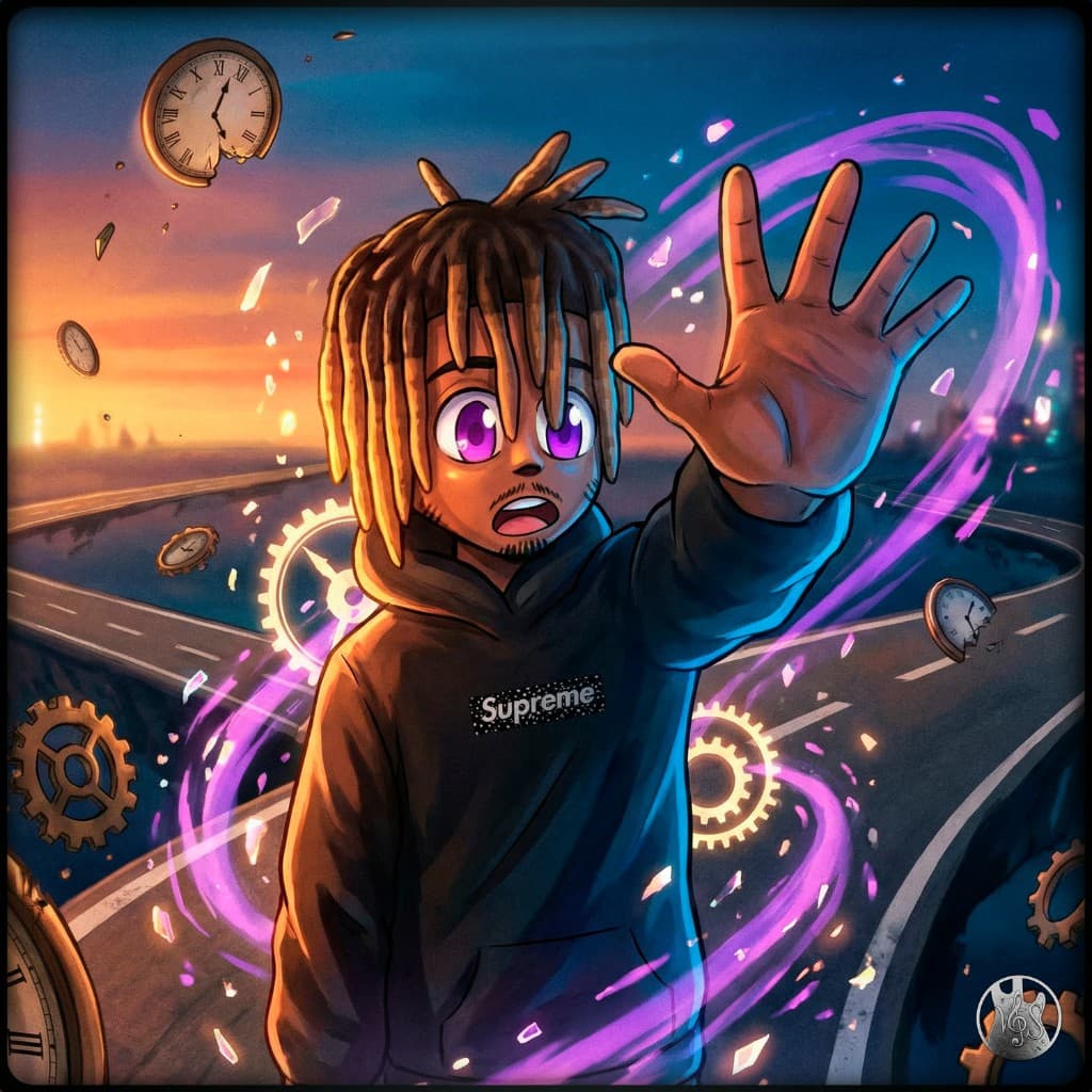 Arte promocional del sound kit 999: ilustración con carreteras al atardecer, relojes y energía morada alrededor del personaje central
